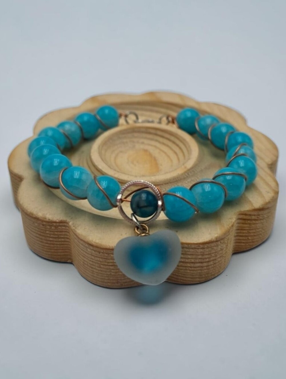 Handmade wirewrapped blue Beaded Bracelet with Heart Charm